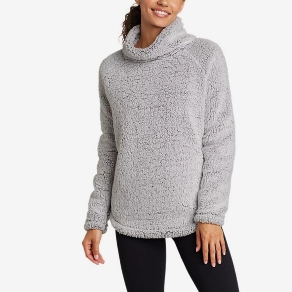 Eddie Bauer Fireside Plush Funnel Neck Gray Sherpa Pullover